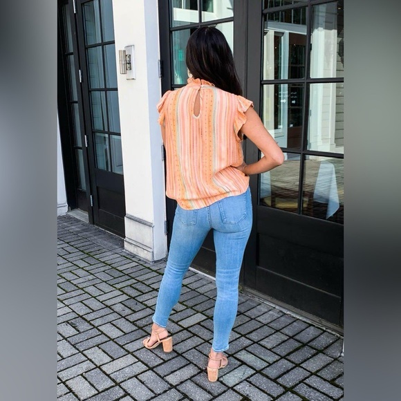 THML Women Medium Freeport Woven Striped Flutter Sleeve Embroidered Top Peach - Picture 3 of 12